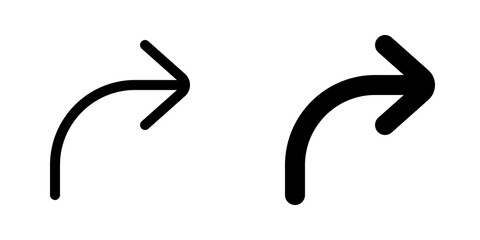 Vector turn right arrow chevron icon. Black, white background. Perfect for app and web interfaces, infographics, presentations, marketing, etc.