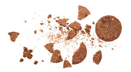 Broken biscuit with chocolate and crumbs, wholegrain with rolled oats and chocolate isolated on white, top view