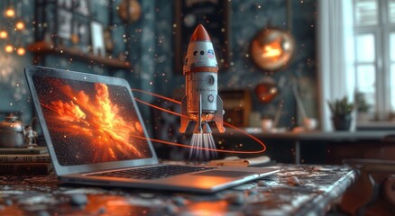 Rocket Launch from Laptop Concept in Vintage Study.