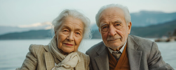 portrait of an elderly happy mature couple by the sea, holiday or vacation