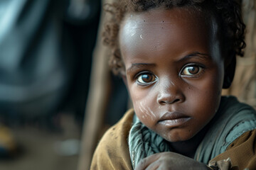 Close up portrait of young dark skin poor african child in street slums 