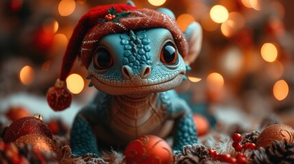  a close up of a toy lizard wearing a santa hat on top of a bed of christmas decorations with lights in the background and a christmas tree in the background.