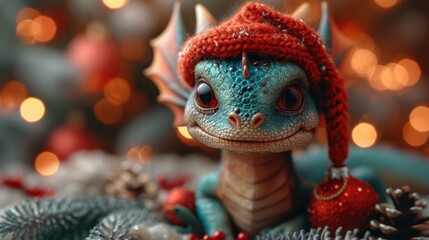 Fototapeta premium a close up of a toy dragon wearing a knitted hat and holding a christmas ornament in front of a christmas tree with lights and a blurry background.