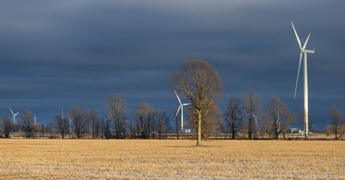 Wind Turbines In Winter On Wolfe Island, Ontario, Canada