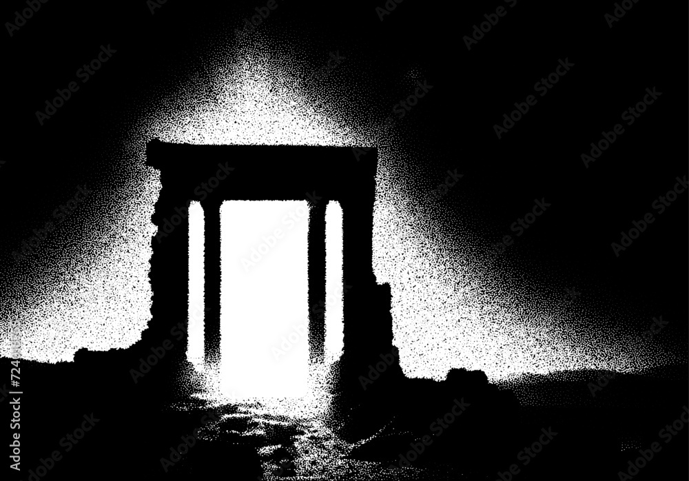 Poster Ancient ruins in sci-fi scene with dotwork retro style. Mysterious gate debris with dramatic lights and retro texture