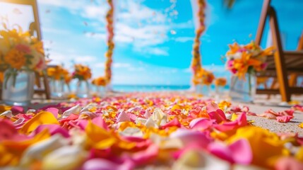 petals on an aisle for wedding ceremony, beach sea view on background