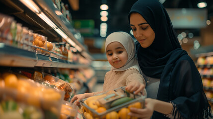 Muslim family, mother with hijab and daughter in supermarket shopping for food 