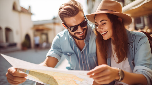 couple looking at map while on vacation / city trip. couple on vacation