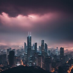 Ethereal Nightscape: Mesmerizing City Illuminated by Majestic Lightning Dance in the Sky