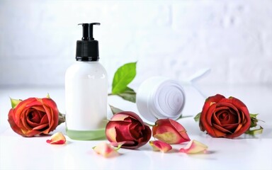 Body or face natural care lotion or bath milk decorated with rose flowers and petals 