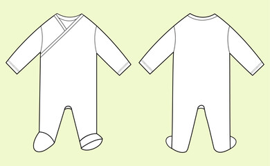 Baby and Kids Long Sleeve Onesie Flat Sketch, Romper Vector Fashion Illustration: Black and White View.