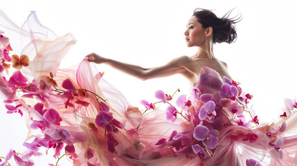 Beautiful young woman dancing with orchid flowers.