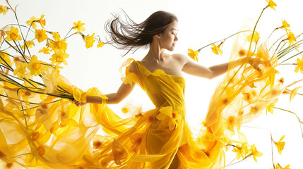 Beautiful young woman dancing with daffodil flowers.