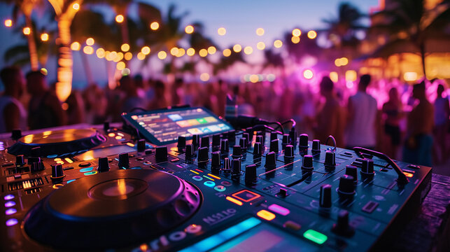 Portrait of dj mixer turntable equipment at beach party, people are dancing in background