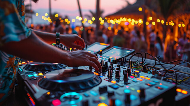 Dj performing live at tropical beach party at lovely evening, close up portrait of hands mastering the dj mixer turntable
