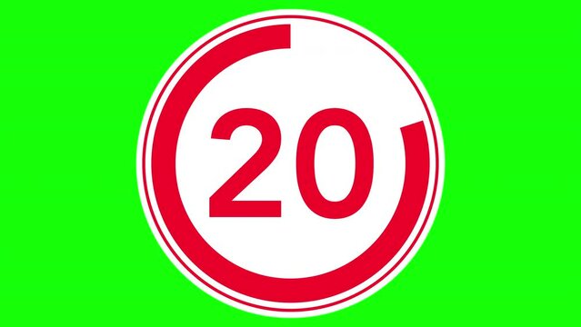 25秒のシンプルな赤色のカウントダウンタイマー、円形切り抜き（クロマキー背景）