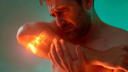 Elbow pain, tendonitis broken bones or inflammation, highlighted glowing area