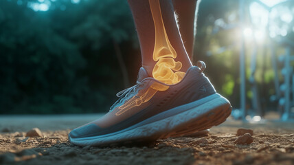 Person walking outside sprained ankle with pain highlighted bones and joints  - obrazy, fototapety, plakaty