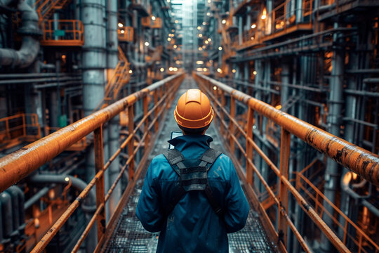 A technician inspecting an offshore oil platform.