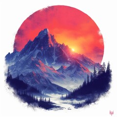 Mountain Range Sunset Illustration Generative AI