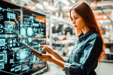 Confident woman using a futuristic touchscreen interface in a high-tech manufacturing environment.
