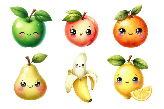 Cute watercolor apple, banana, lemon, orange, peach, pear. Funny fruit character set. Happy fruits illustration. Generative AI.									