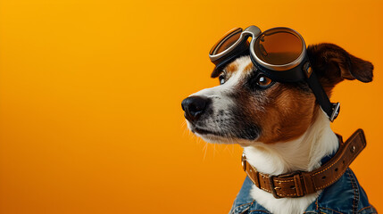 Stylish Dog with Goggles and Jeans on Orange Background