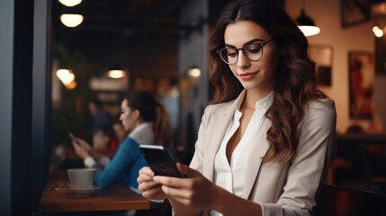 Fototapeta premium Working life style, pretty and confident woman working in in co-working space or coffee shop. AI generated, copy space for text
