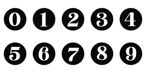 Simple round numbers symbol set. Black isolated font in vector with background.