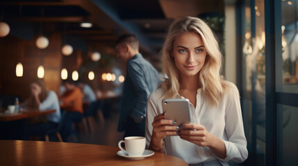 Working life style, pretty and confident woman working in in co-working space or coffee shop. AI generated, copy space for text