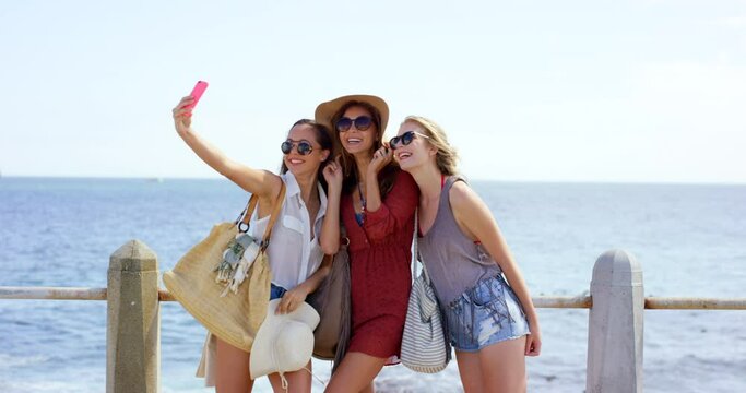 Beach, women and group with selfie, travel and summer with weekend break and adventure. Social media, friends and people with getaway trip or smile with blog and memory with profile picture or Miami