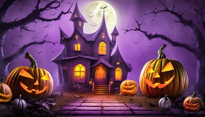 Fototapeta premium halloween purple background with pumpkins and bats 
