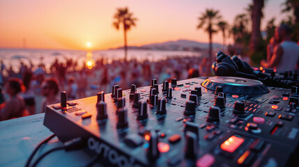 Beach party festival with dj mixing, Close up portrait of dj mixer table with beautiful evening sunset at tropical beach - obrazy, fototapety, plakaty