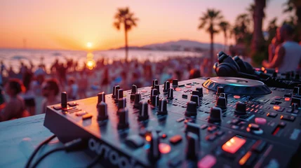 Papier Peint photo Coucher de soleil sur la plage Beach party festival with dj mixing, Close up portrait of dj mixer table with beautiful evening sunset at tropical beach