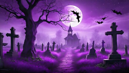 halloween night scene with purple fantasy fog 