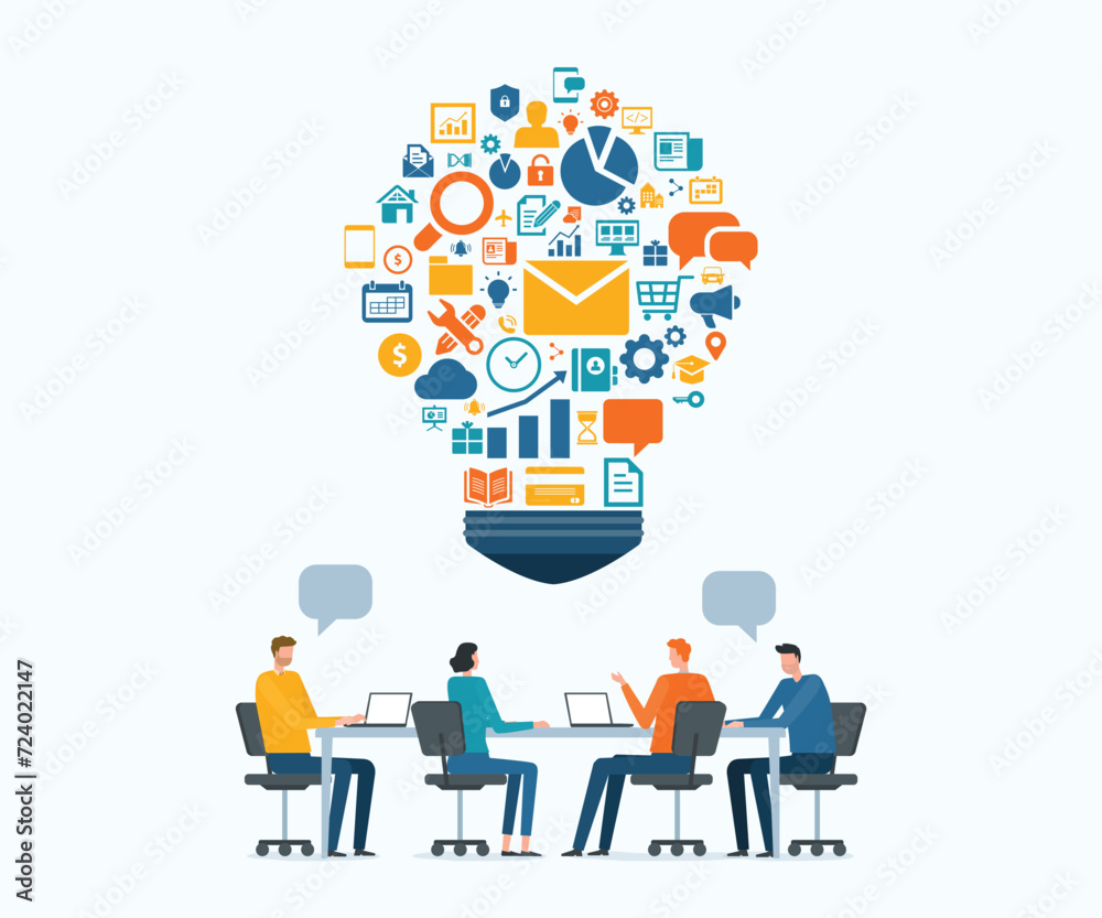 Poster flat vector business team meeting for brainstorming concept