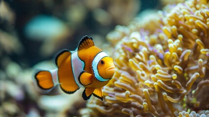 Fototapeta na wymiar Clownfish Swimming Near Coral