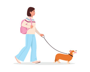 vector illustration of a girl walking a dog in flat style. Walking the dog	