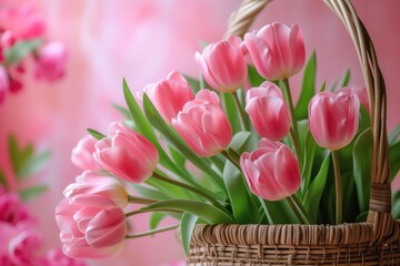 Basket of pink tulip flowers on a pink spring background