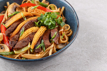 Udon with veal studio shooting on a stone background 2