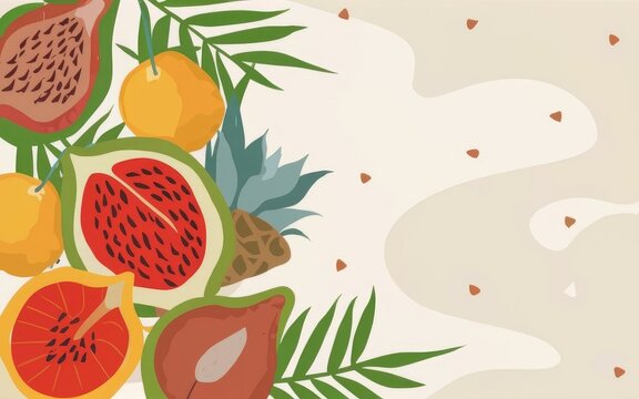 Tropical fruits background, beach wedding invitation card or summer banner