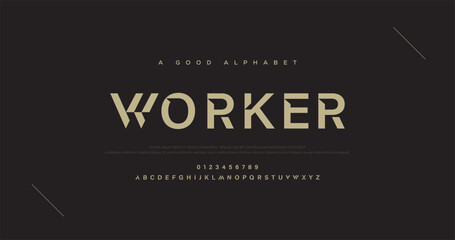 Worker Minimalist display font design, alphabet, typeface, letters and numbers, typography. - obrazy, fototapety, plakaty