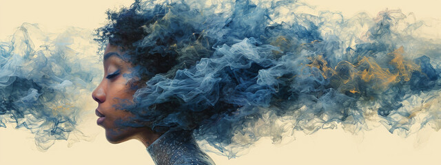 Enigmatic Euphoria: A Woman Emerges With Whimsical Blue Smoke From Her Mind