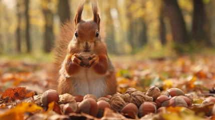 Tuinposter Squirrel Holding a Nut in Fall Setting © Saltanat