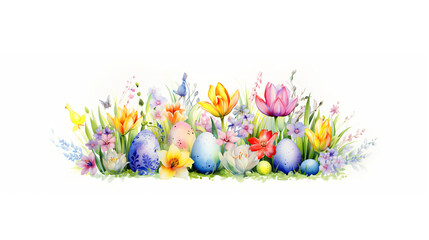 Fototapeta na wymiar Easter eggs in floral bush colorful watercolor painted in isolated white background for Easter concept.