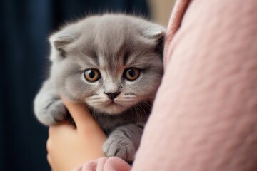 Small cute Scottish fold kitten sitting on a woman's arms, close up