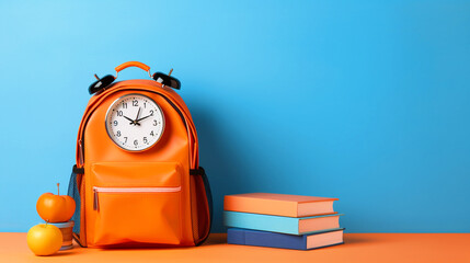 School bag with school supplies on isolated blue background - ai generative