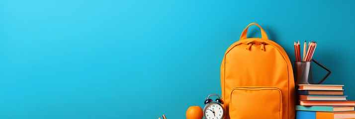 School bag with school supplies on isolated blue background - ai generative - obrazy, fototapety, plakaty