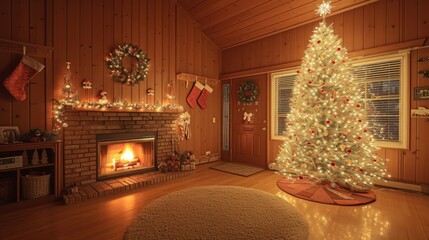 A cozy living room with a fireplace and a Christmas tree