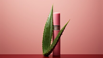 Lip balm with natural Aloe Vera Extract for lips. Aloe Vera Lip balm. Natural healing cosmetics for lips Copy space. Horizontal banner.Minimalism. - obrazy, fototapety, plakaty